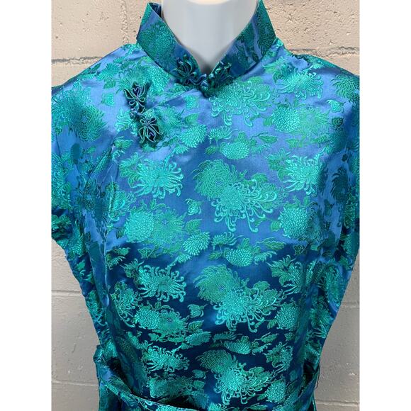 Vintage 60s Turquoise Brocade Silk Cheongsam Blouse Mandarin Collar - Picture 4 of 10